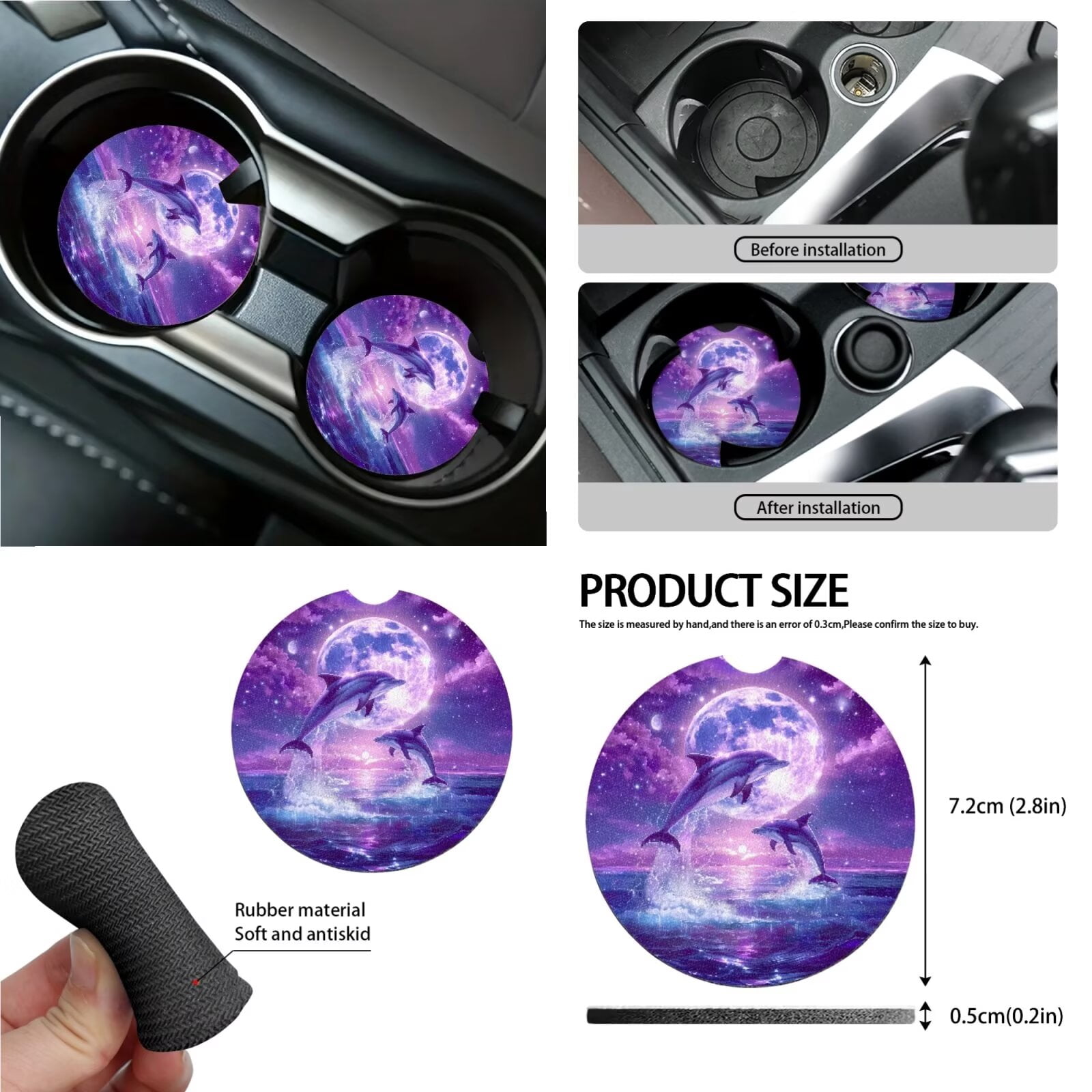 KUIFORTI 15PCS Dolphin Car Seat Covers Full Set/Seatbelt Shoulder Pads/Steering Wheel Cover/Keychain/Cup Mats/Rear View Mirrow Cover/Garbage Can/Car Mount Phone Holder, Purple