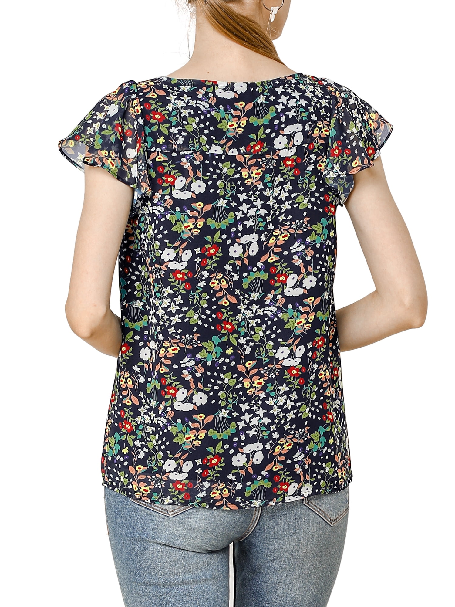 DARING DIVA Women's Floral Ruffle Sleeve Chiffon Blouse Top XS Navy Blue