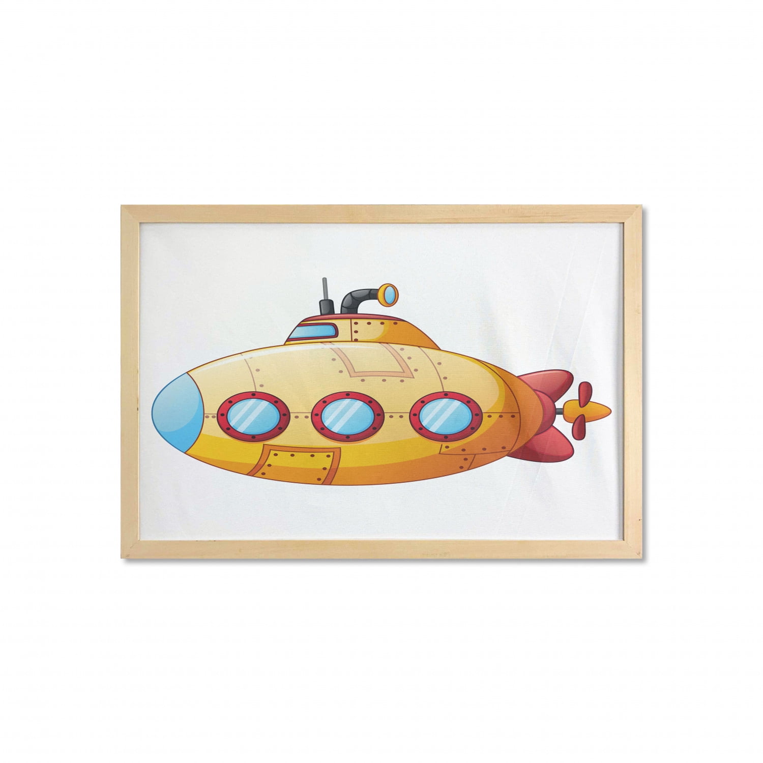Yellow Submarine Wall Art with Frame, Sea Theme Design in Cartoon Style
