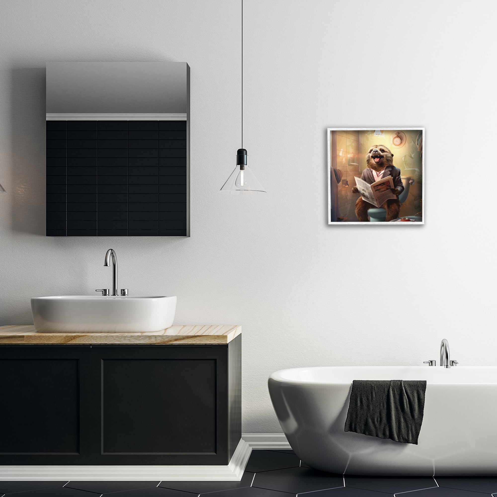 Stupell Industries Smiling Sloth on Toilet Typography Painting White Framed Art Print Wall Art, 17 x 17