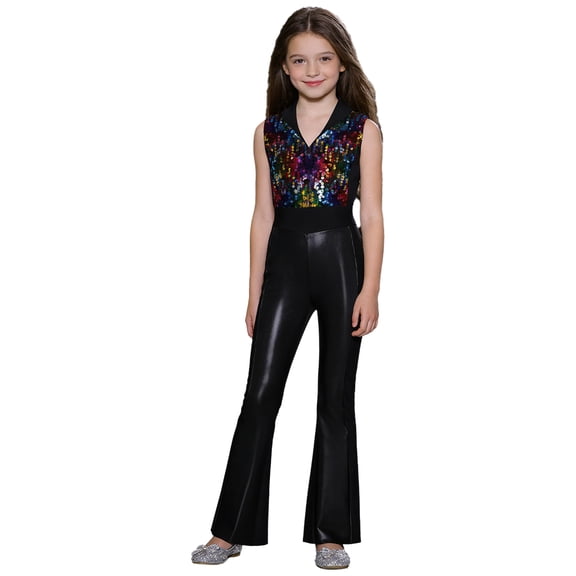 Hansber Girls Disco Outfits Kids 70s Party Dress Up Bell Bottom Jumpsuit Sleeveless Sequins Dancing Romper Colorful 6