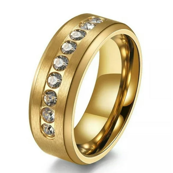 8MM Black/Gold/Silver Rhinestone Band Men's Titanium Steel Wedding Ring Sz 7-13