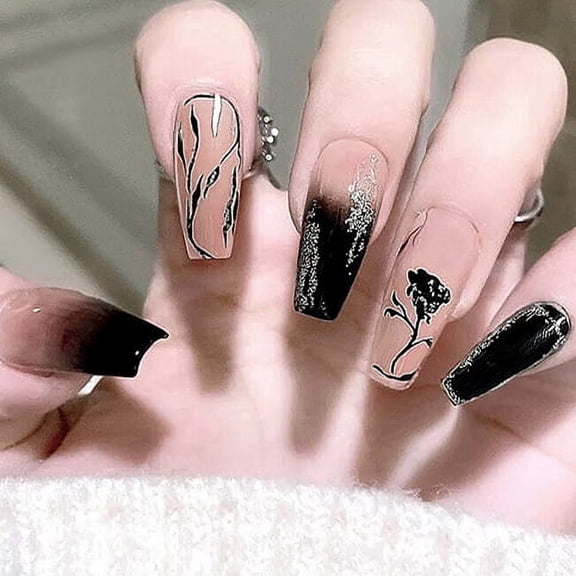 24pcs Press On False Nails Fake Nail Salon Full Cover Design for Women Girls Gift Extra Long Coffin Black Rose Punk