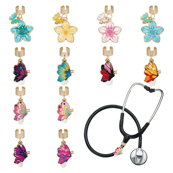 12Pcs Butterflies Stethoscope Charms 1.5 Inch Flowers Stethoscopes Tag Alloy Enamel Pendant ID Name Tag Charm Stethoscope Charms Stethoscopes Accessories for Doctor Nurse Medical Assistant