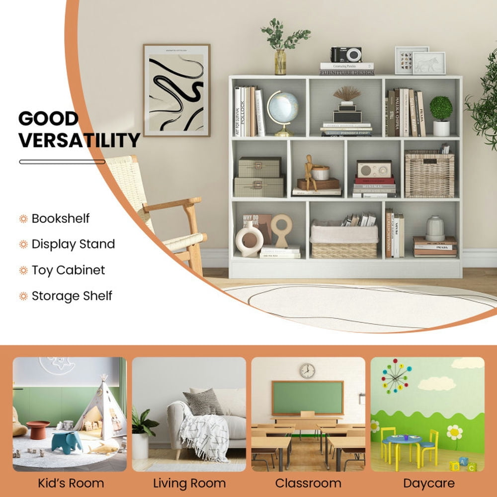 GVN Kids Bookshelf Bookcase, Toy Storage Organizer,41 inches Wooden Toy Storage Organizer with 10 Cubes for Kids-White