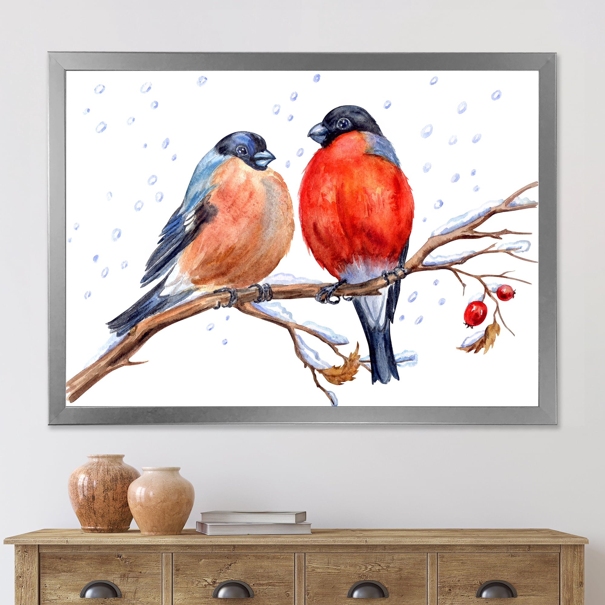 Designart 'Two Bullfinches On A Hawthorn Branch with Snowfall In Winter' Traditional Framed Art Print