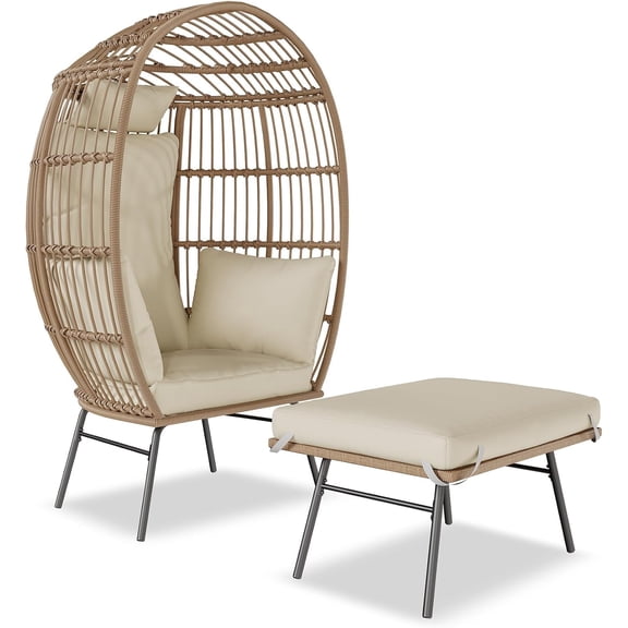 Patio Egg Chair Outdoor with Ottoman - Wicker Egg Chair Oversized Patio Lounge Chairs with Cushions, Metal Frame Stand, for Balcony, Patio, Living Room, Beige
