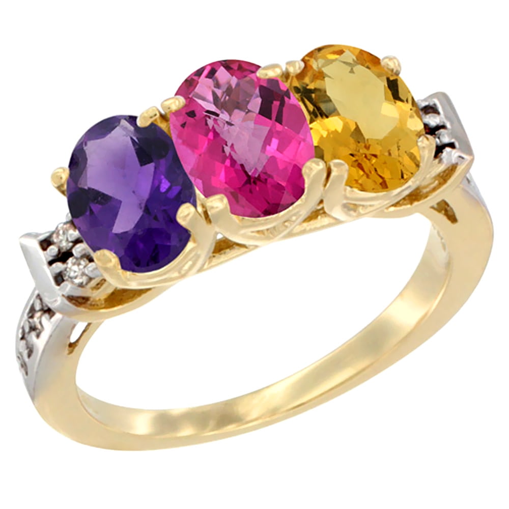 10K Yellow Gold Natural Amethyst, Pink Topaz & Citrine Ring 3-Stone Oval 7x5 mm Diamond Accent, sizes 5 10 by WorldJewels