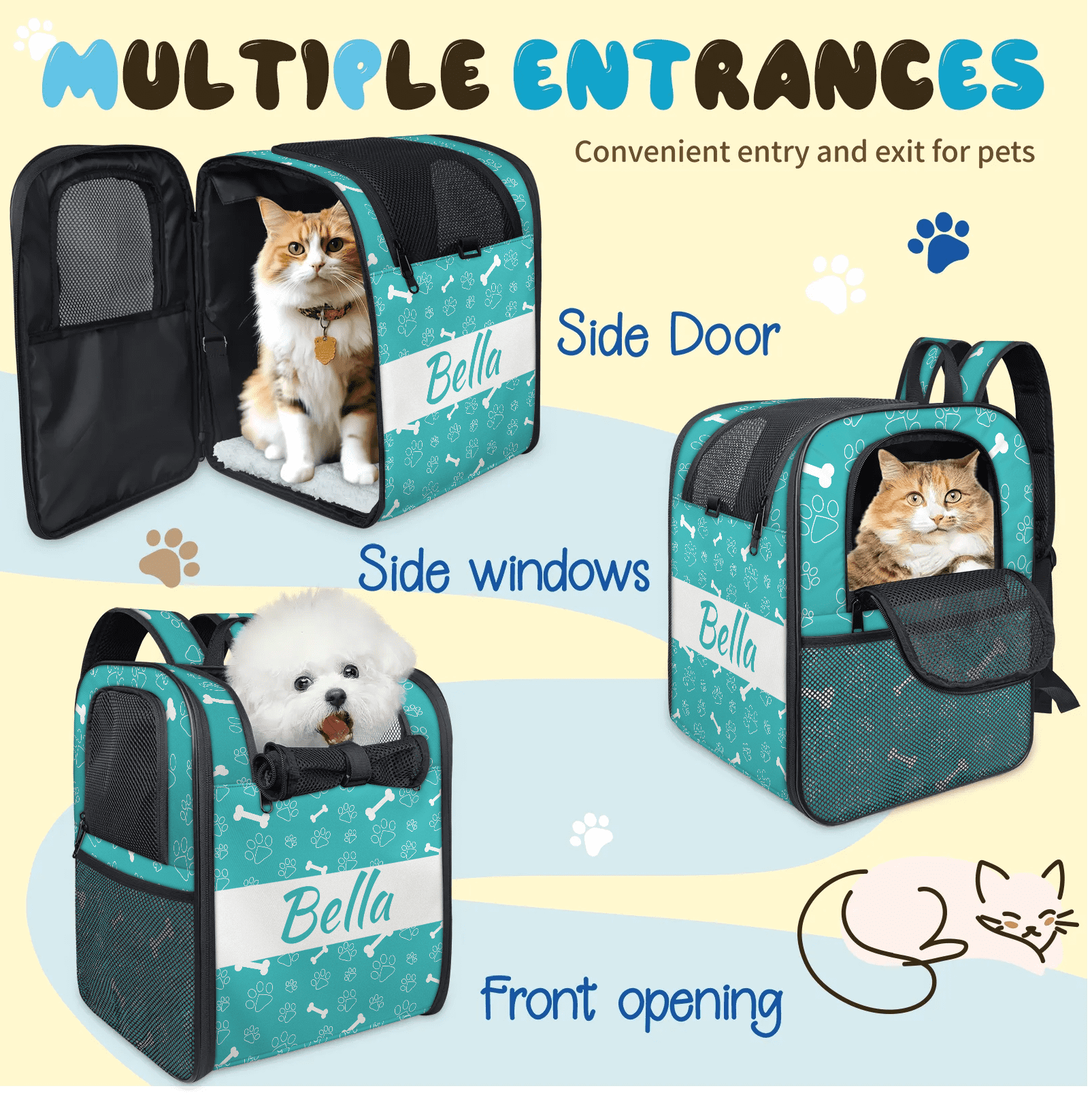 Customized Pet Carrier Backpack with Name,Dog Carrier Backpack for Small Dogs Cats Puppies,with Breathable Mesh, Pockets,Removable Mat,Hold Pets Up to 13 Lbs for Hiking, Travel, Outdoor