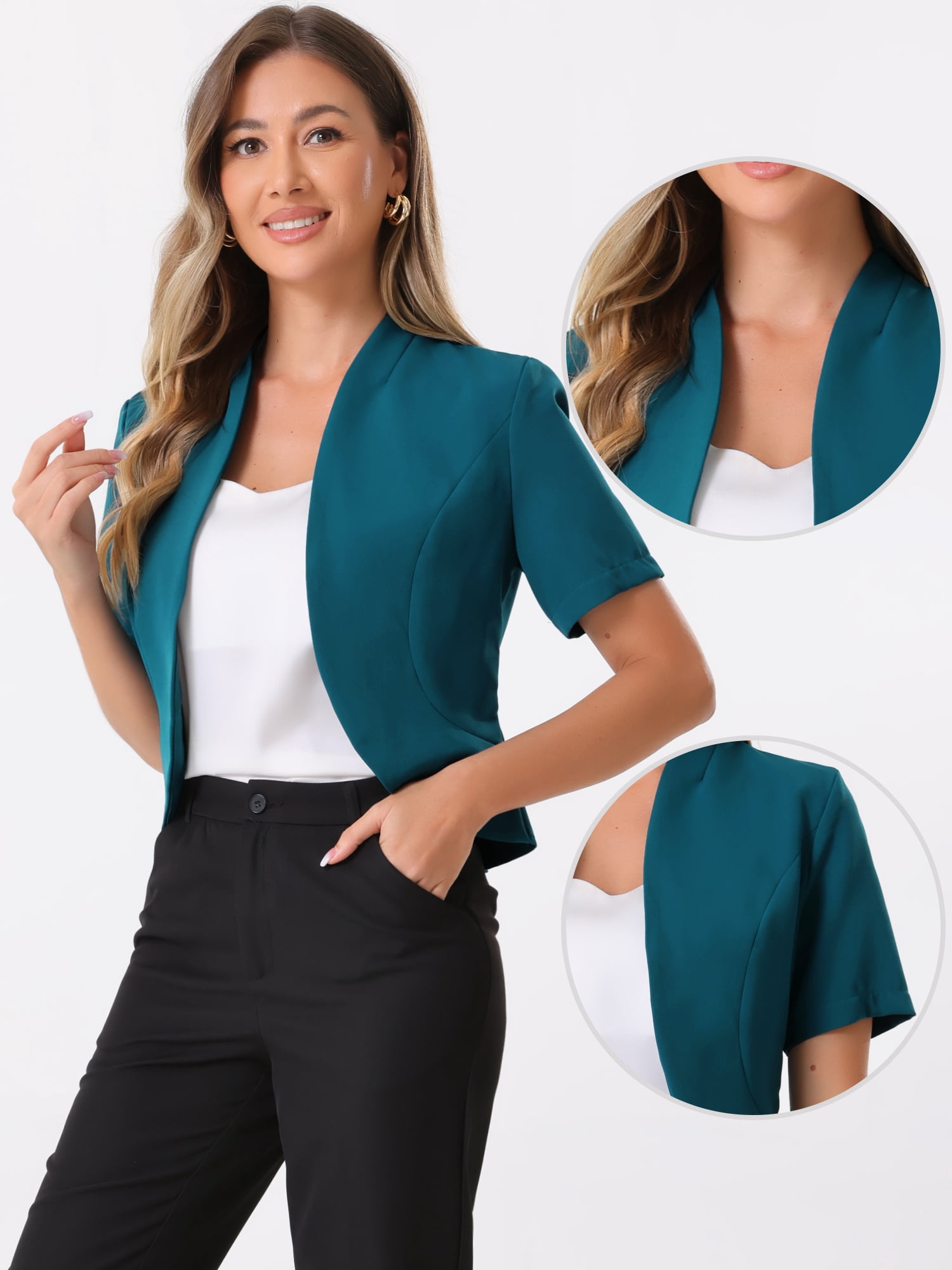 DARING DIVA Women's Business Blazer 3/4 Sleeve Collarless Cardigan L Blue Green
