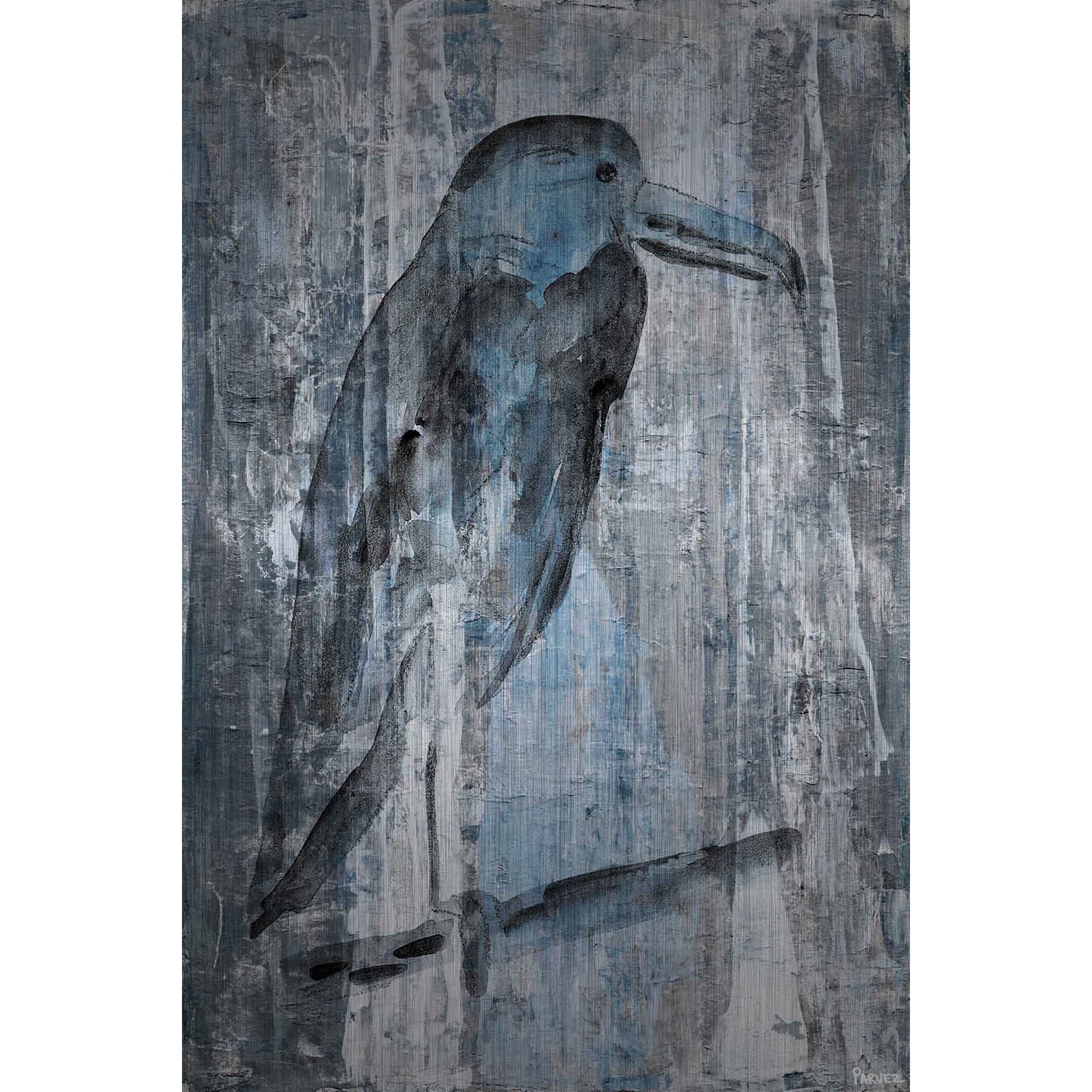 "Blue-Grey Bird II" Painting Print on Brushed Aluminum