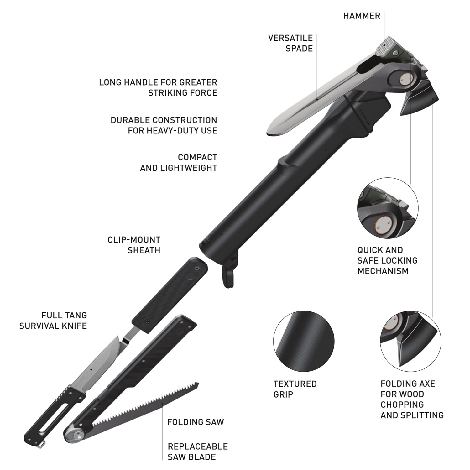 ACLIM8 FG007 Combar Pro Tool with Hatchet Spade Hammer Knife & Saw
