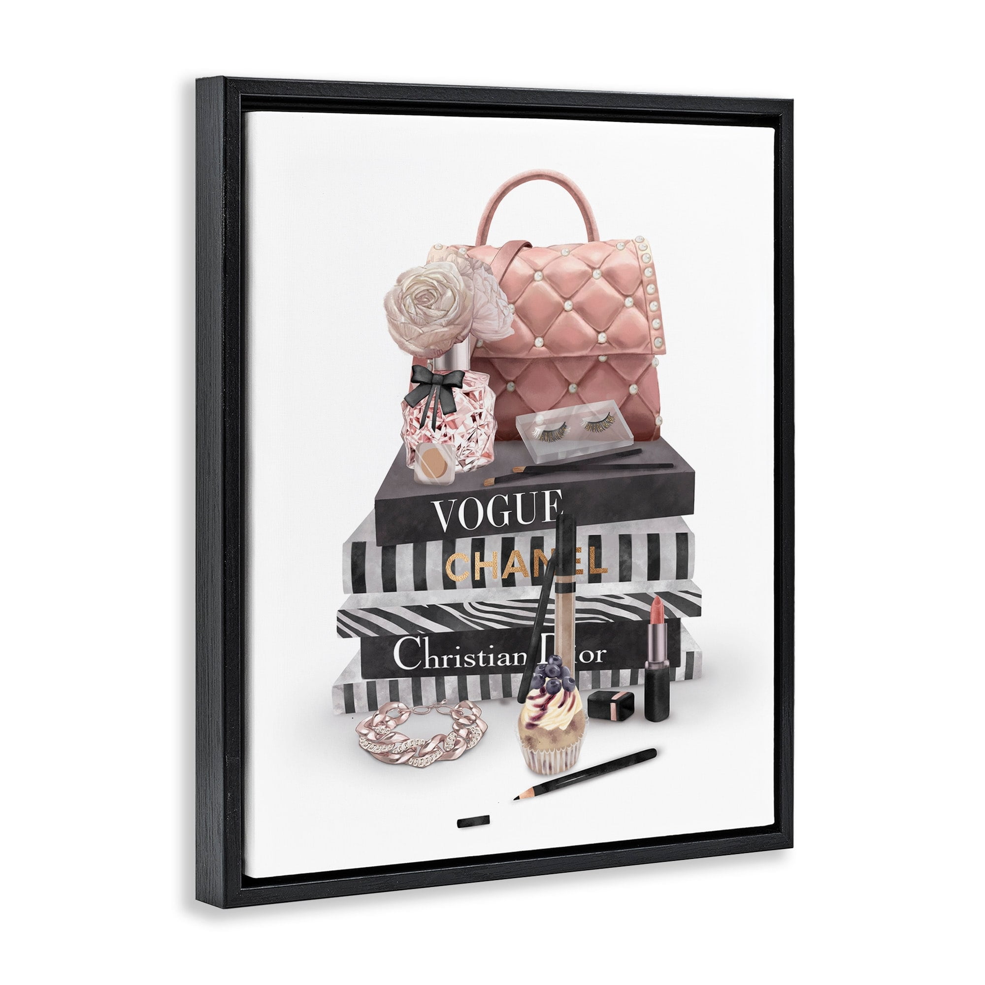Stupell Industries Fashion Bookstack Purse Perfume Pink Glam Design Jet Black Framed Floating Canvas Wall Art, 16x20, by Ziwei Li