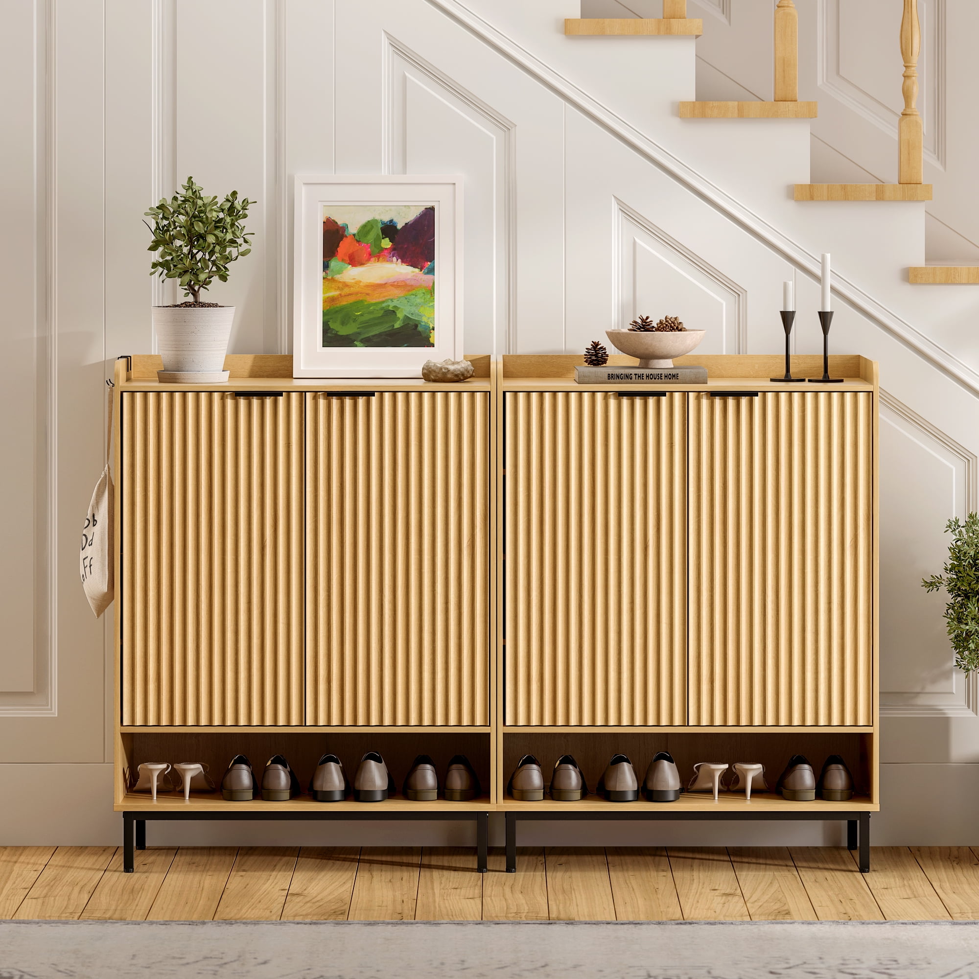 EYYTHUNG Fluted Shoe Cabinet with Doors, Large Wooden Shoe Storage Cabinet, Modern Tall Freestanding Shoe Rack Organizer