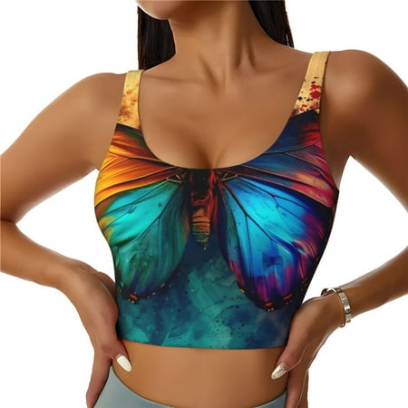 Luyuia Vibrant Rainbow Butterfly A Print Women s Racerback Tank Bra with Removable Chest Pads  Medium Support Sports Bra  Ideal for Workout  Yoga  and Activewear Crop Tops-Medium