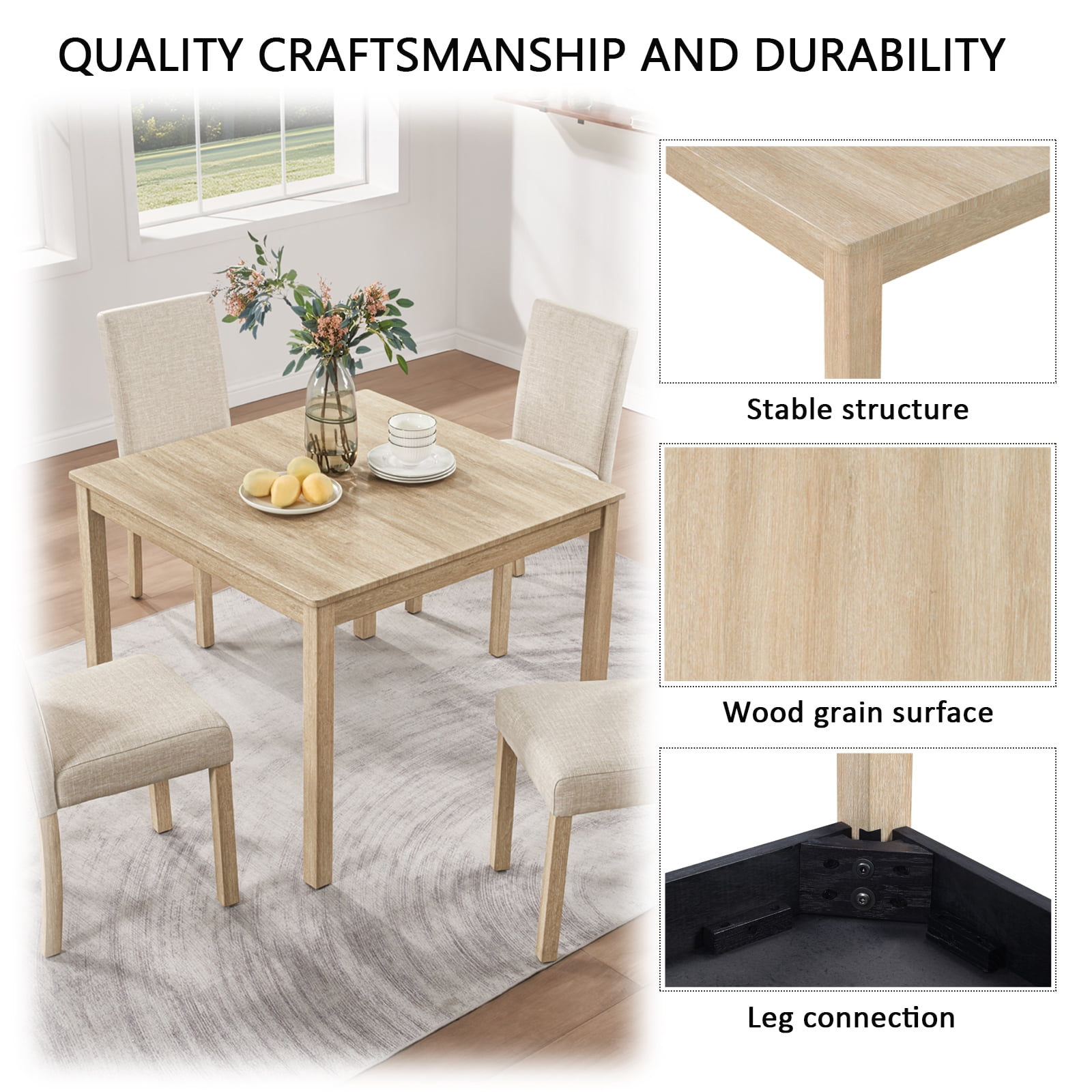 5-Piece Dining Table Set for 4, 39" Square Kitchen Table with 4 Fabric Chairs