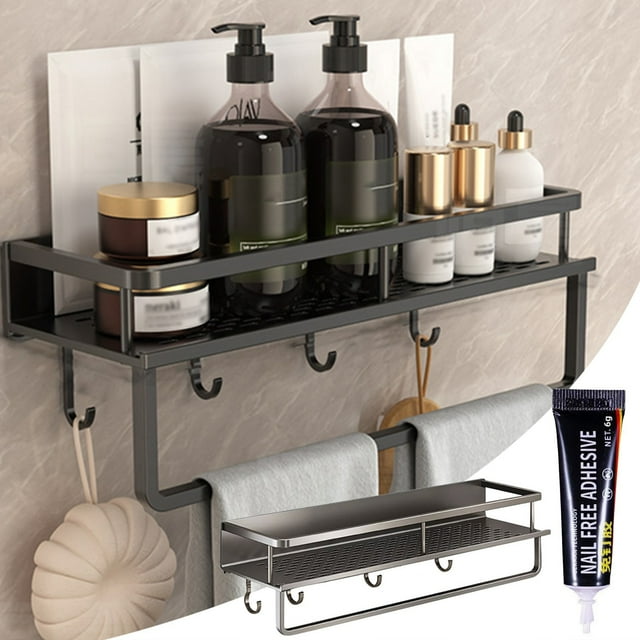 Estante de baño de pared sin taladros | Estante adhesivo con ganchos | Organizador de aleación de aluminio para champú, toallas y artículos de aseo | Gris 40 x 12 x 10 cm