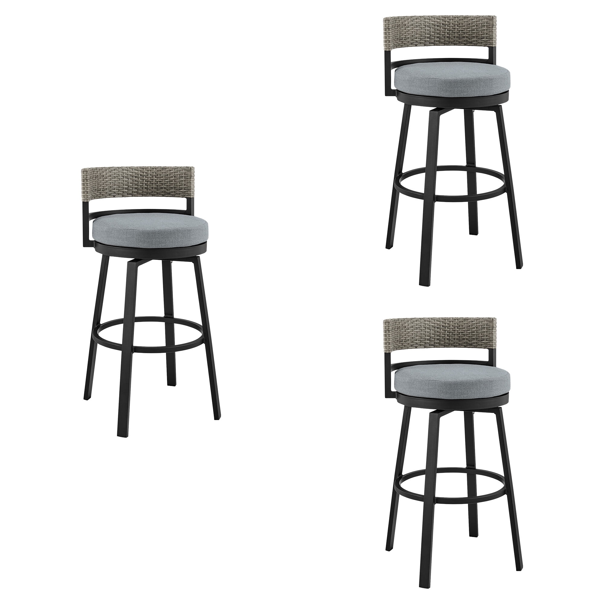 Encinitas Outdoor Patio Swivel Bar Stool in Aluminum and Wicker with Gray Cushions - Set of 3