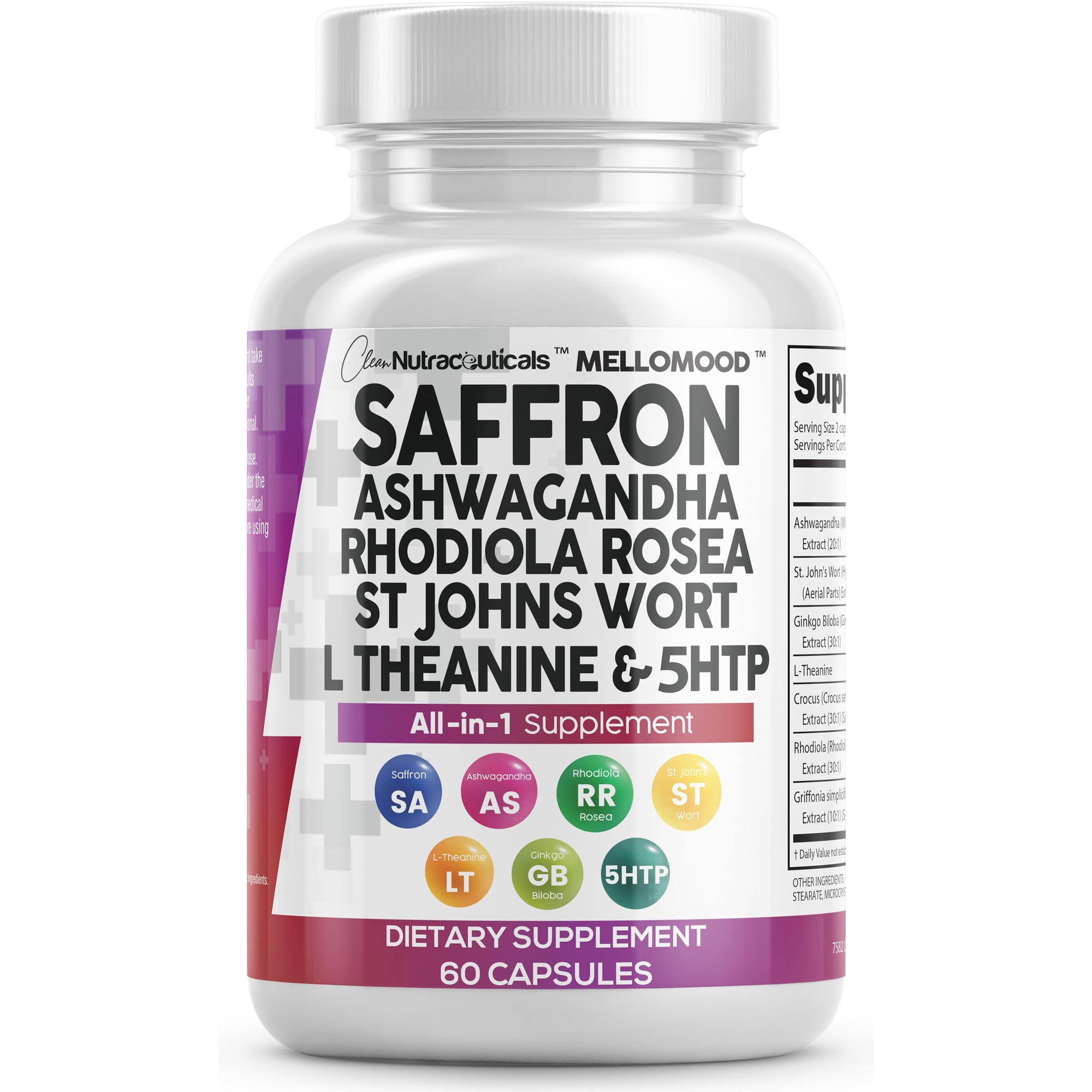 Clean Nutraceuticals Saffron Supplements Extract 100mg + Ashwagandha L-Theanine 200mg - Mood Support Ginkgo Biloba, St. John's Wort, Rhodiola Rosea & 5-HTP Capsules Pills Men Women