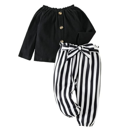 

U·nikaka Toddler Baby Girl Clothes Black Ribbed Long Sleeves Fall Winter Outfits Sets Striped Print Pants 12 Months-5 Years