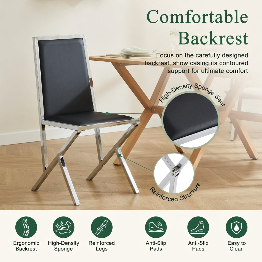 Hommoo 4-Pack Modern PU Leather Dining Chairs with Metal Frame, Ergonomic, Easy Assembly, Anti-Slip Adjustable Feet, Black & Sliver