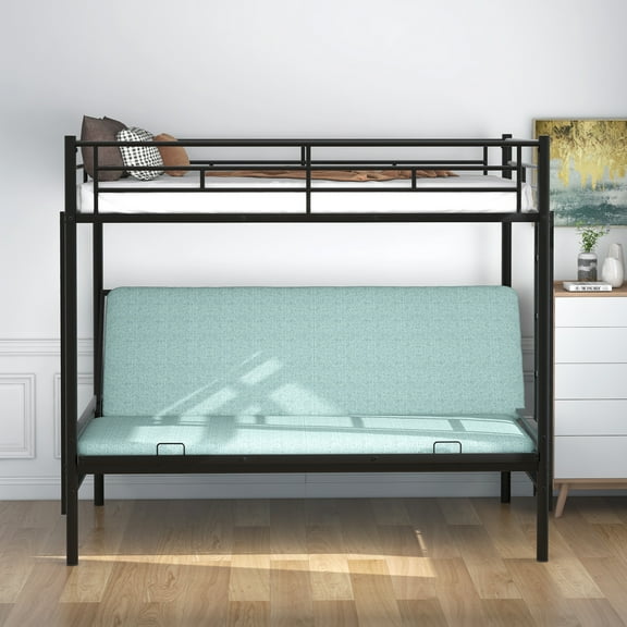 Twin over Full Bunk Bed with Convertible Futon, Space Saving Metal Bunk Bed, Multi-Functional Bunk Bed with Ladder, Black Modern Bunk Bed for Dorm, Apartment