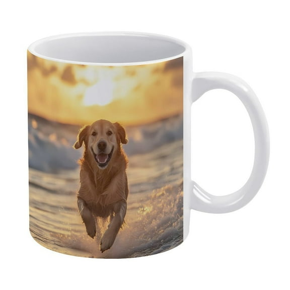 Golden Retriever Running On The Beach Sunset 11oz Coffee Mug with Handles Ceramic Tea Cup For Water Tea Drinks Dishwasher and Microwave Safe
