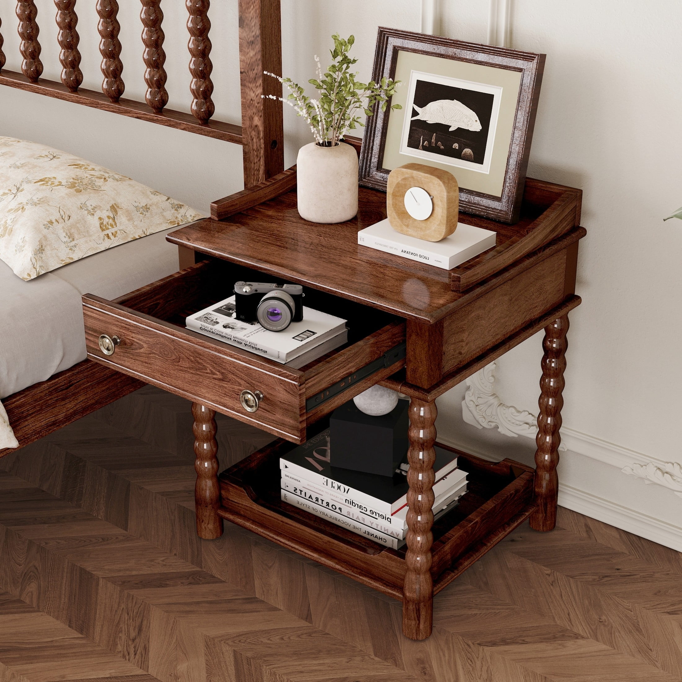 Noble House Retro Nightstand with Drawer and Open Shelf, Bedside Table with Turned Legs, Walnut