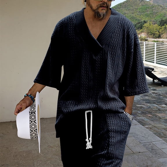 ZZwxWA Mens Casual 2 Piece Outfits Knit V Neck Short Sleeve Tshirts and Shorts Set Tracksuits with Pockets up to 65% Off