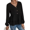 thumbnail image 4 of HUBERY Women Button Tiered Ruffle Hem V Neck Long Sleeve Solid Color Top, 4 of 7