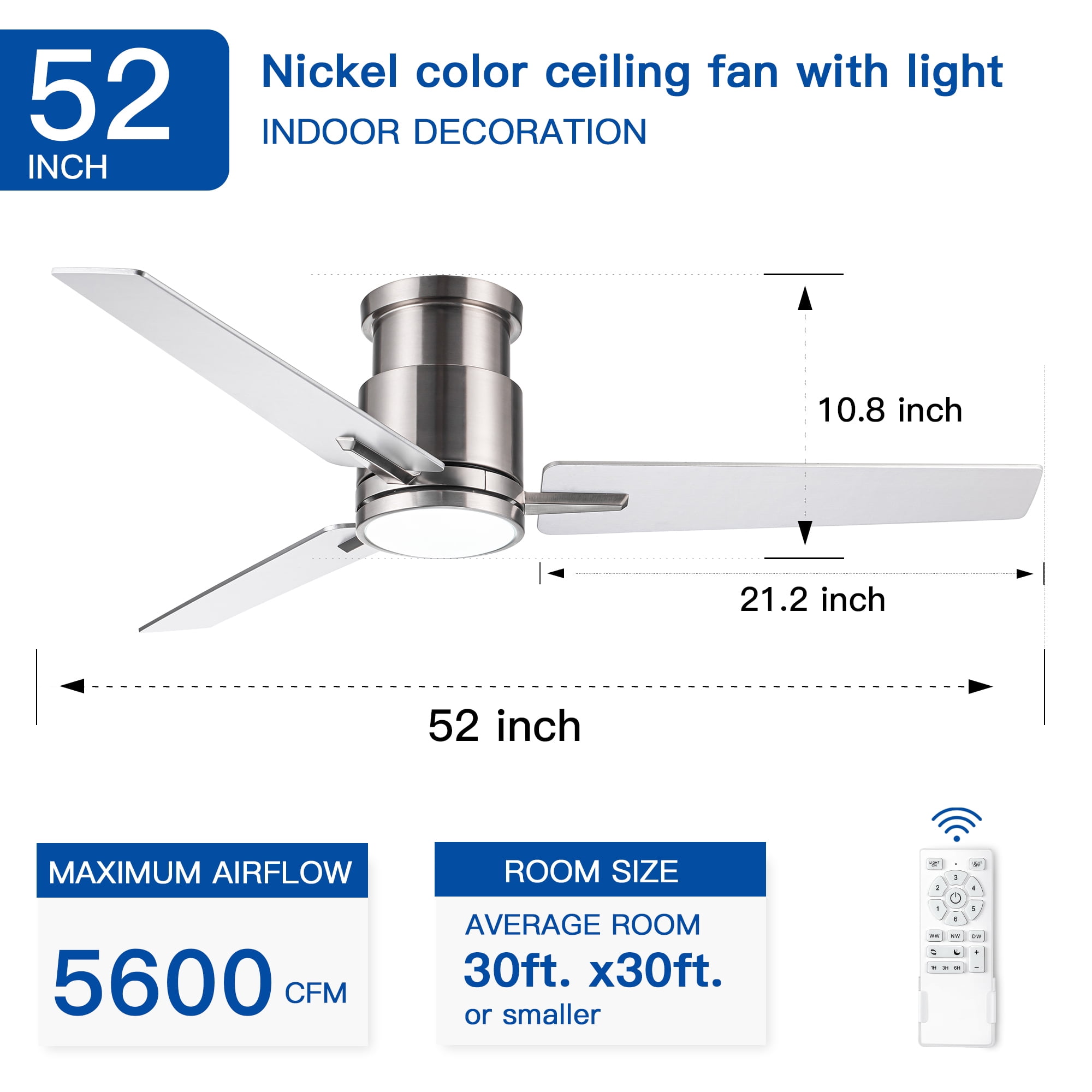 Leumius 52" Bruched Nickel Lowe Profile Ceiling Fan with Dimmable 3CCT LED Light,Modern Ceiling Fan for Living Room Bedroom