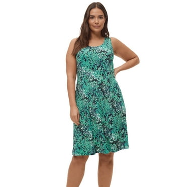 ellos Women's Plus Size Fit And Flare Knit Dress - 1X, Green Black Print