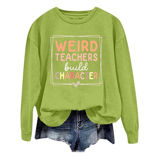 WEAIXIMIUNG Sweatshirts for Women Trendy Fall Ladies Fashion Leisure Pure Color Loose Long Sleeved Printed Letters Round Collar