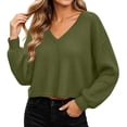 thumbnail image 2 of XRoczxe Women’s V‑Neck Long Sleeve Waffle Knit Crop Top, Casual Solid‑Color Loose Cropped Pullover Shirt, 2 of 9