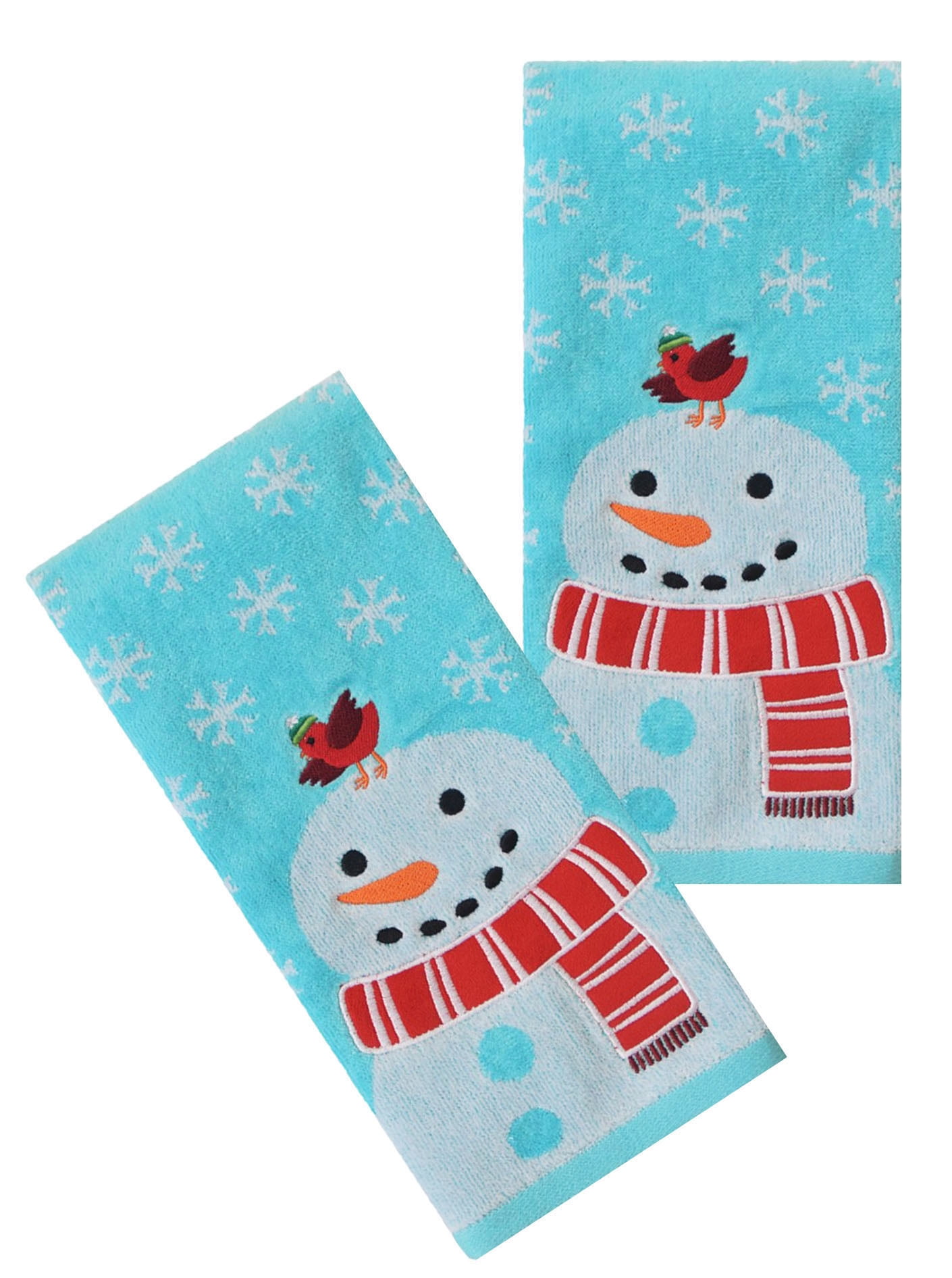 Snowman Aqua Blue Bath Hand Towels, Set of 2, Snowflakes and Red Bird