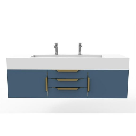 Nile 60" Blue Wood Floating Vanity with White Top and Gold Trim