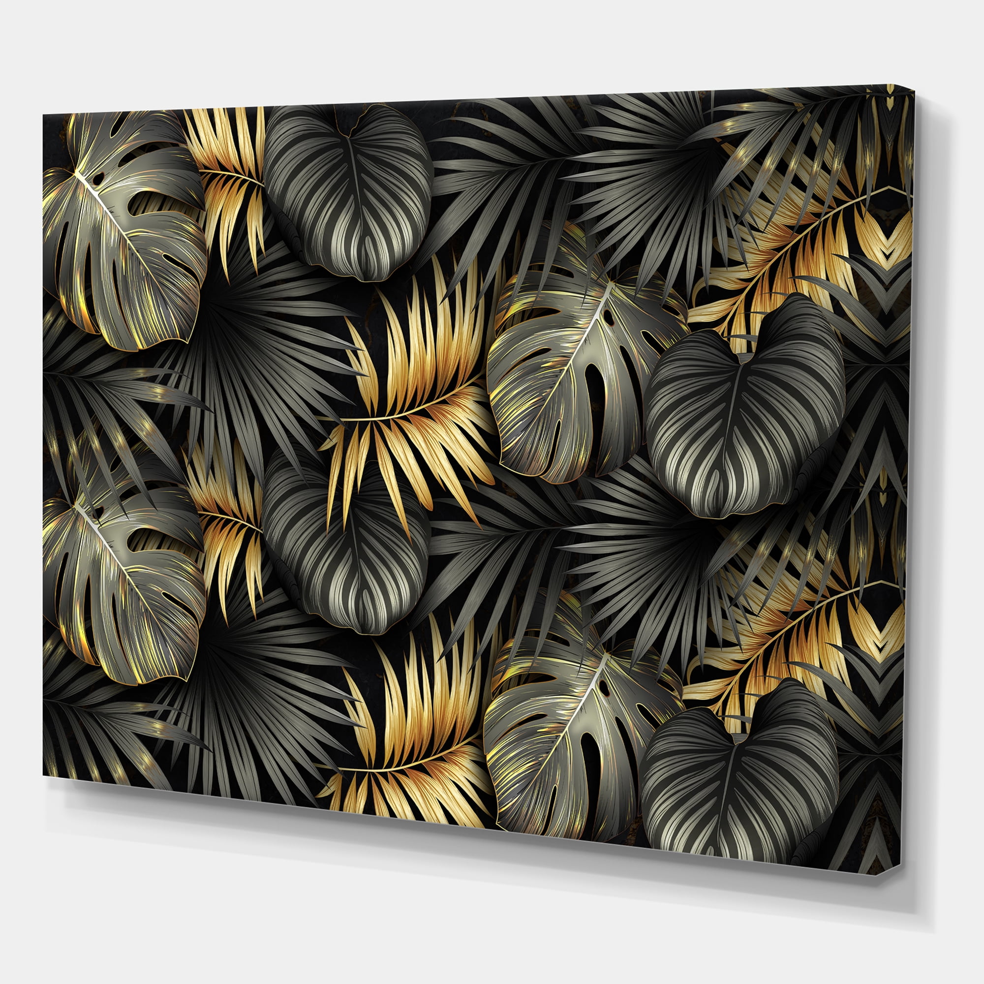 Designart ' Gold and Black Tropical Leaves II ' Modern Canvas Wall Art Print