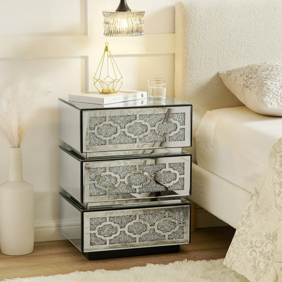 Mirrored Bedside Nightstand, Modern Side Table with 3 Drawers, Silver Accent End Table with Crushed Diamonds, 17.7"W x 13.8"D x 23.6"H