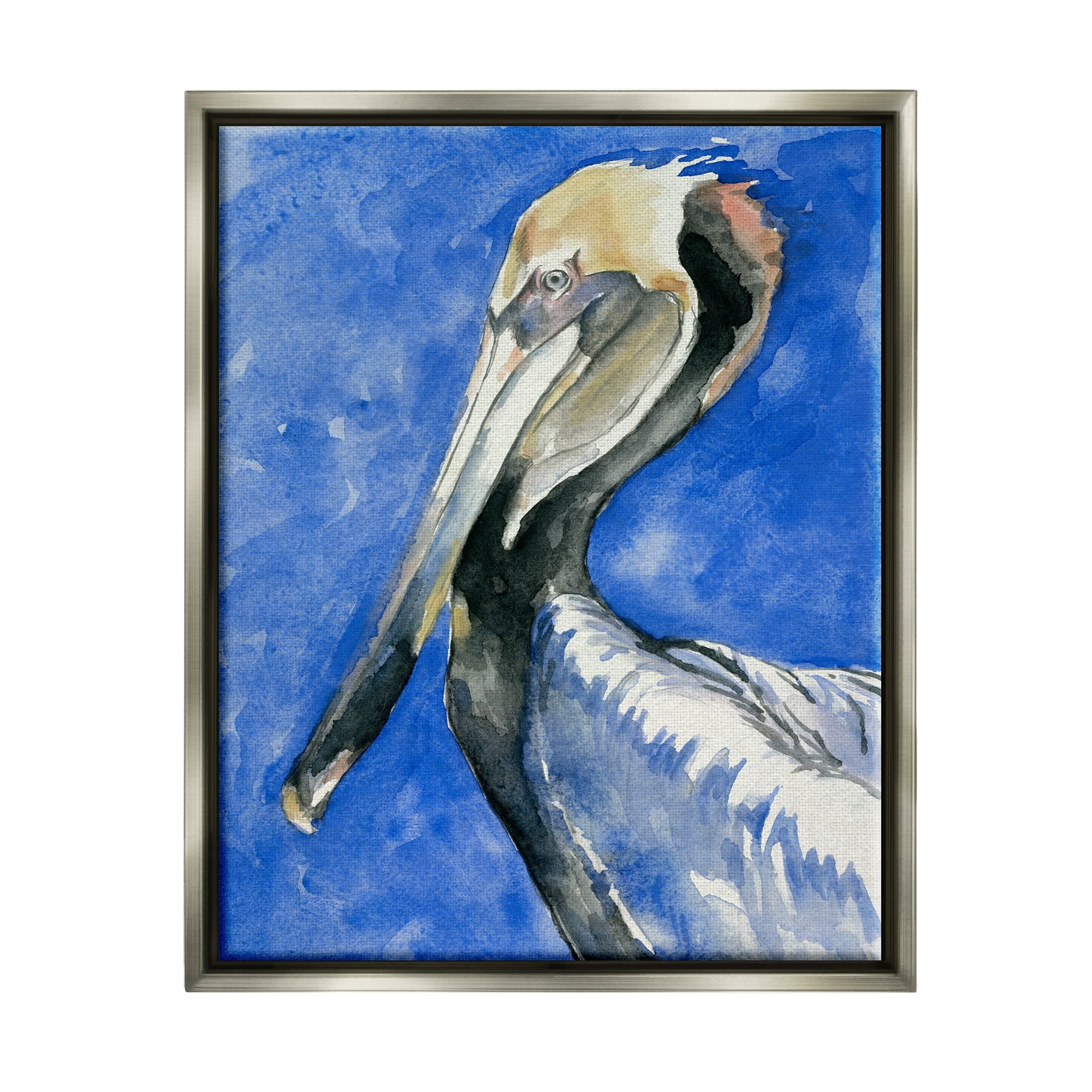 Stupell Industries Vivid Pelican Wildlife Bird Blue Watercolor Detail Painting Luster Gray Floating Framed Canvas Print Wall Art, Design by Jennifer Paxton Parker