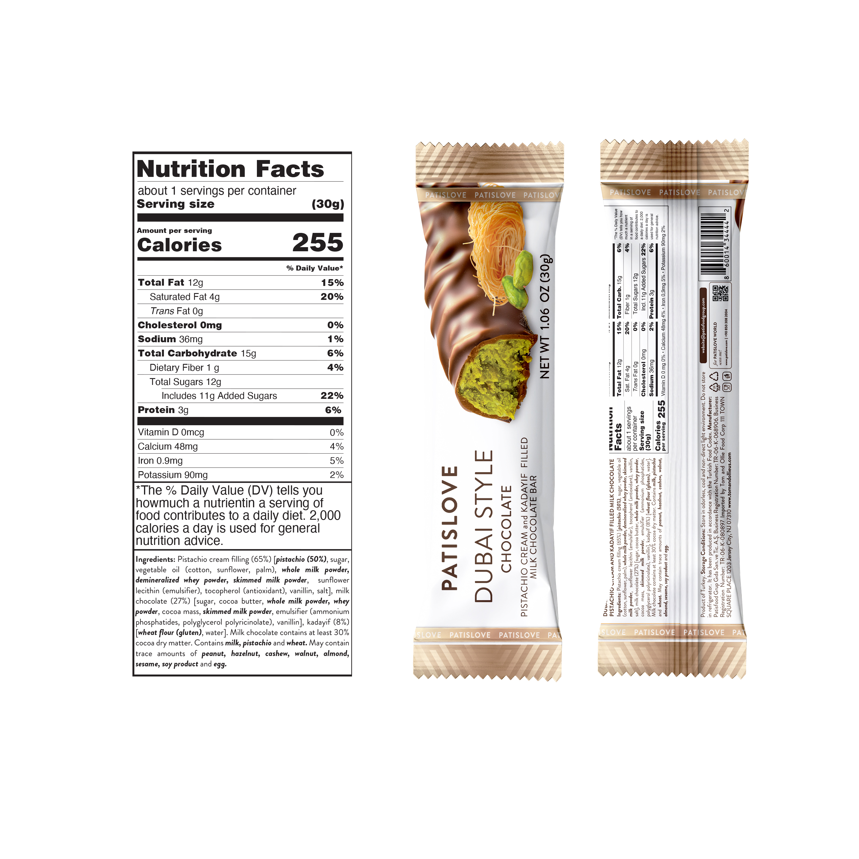 Patislove Dubai Style Milk Chocolate Bar with Pistachio Cream and Crispy Kadayif, 1.06 oz