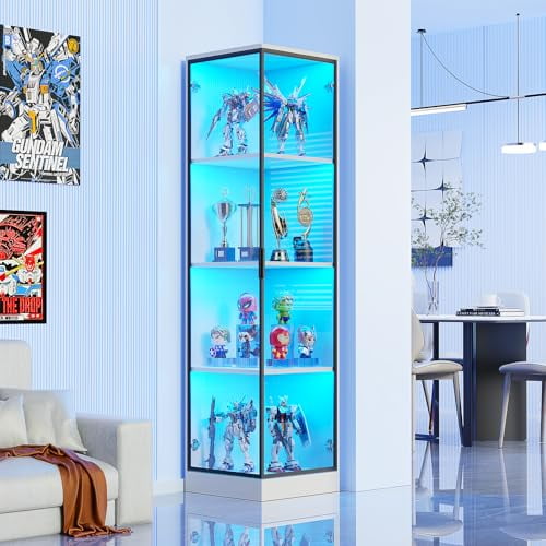 Corner Display Cabinet with Doors, 4-Tier Corner Shelf&Bookcase for Collectibles, Toys, Books, Display Case with 3 Color Light, for Playroom, Bedroom, Study Room, White