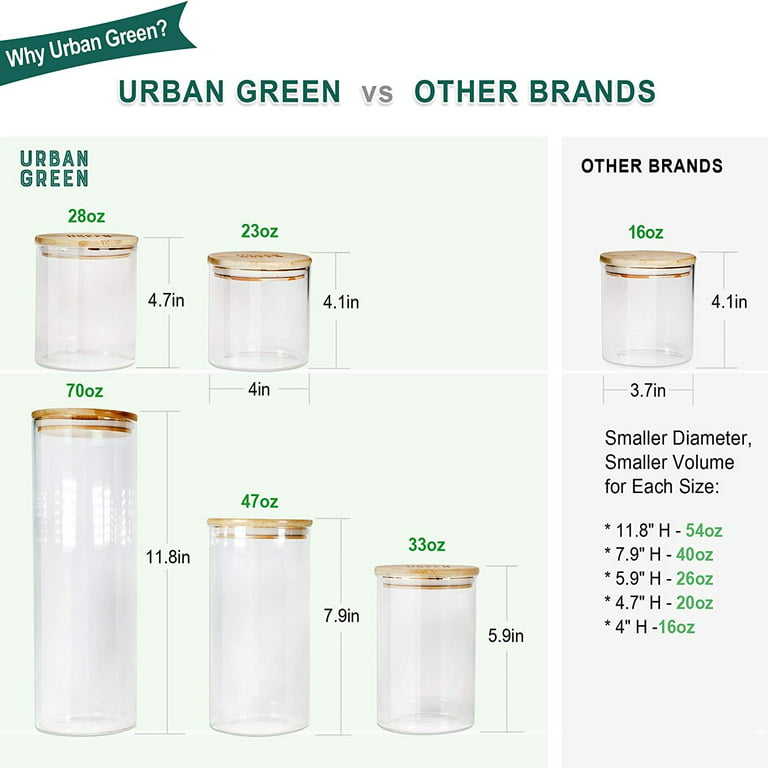 Glass Jars with Lids Urban Green, Glass Airtight Canisters Sets with Bamboo Lids, Glass Containers, Pantry Organization and Storage, Kitchen Canisters