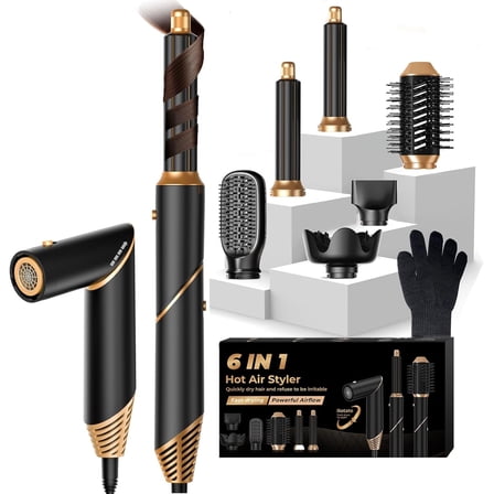 Hair Dryer Brush 6 in 1, Foldable Air Hair Curler with Wrap Curler, Detachable Blow Dryer Brush Curling, Drying,Volumizing, Straightening, Air Styler Hair Dryer with Diffuser, Hair Styling Tools