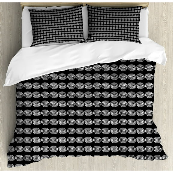 Abstract Geometry Duvet Cover Set Queen Size, Rhythmic Swirls Connected Lines Stripes Arrangement Pattern, Decorative 3 Piece Bedding Set with 2 Pillow Shams, Charcoal Grey and White, by Ambesonne