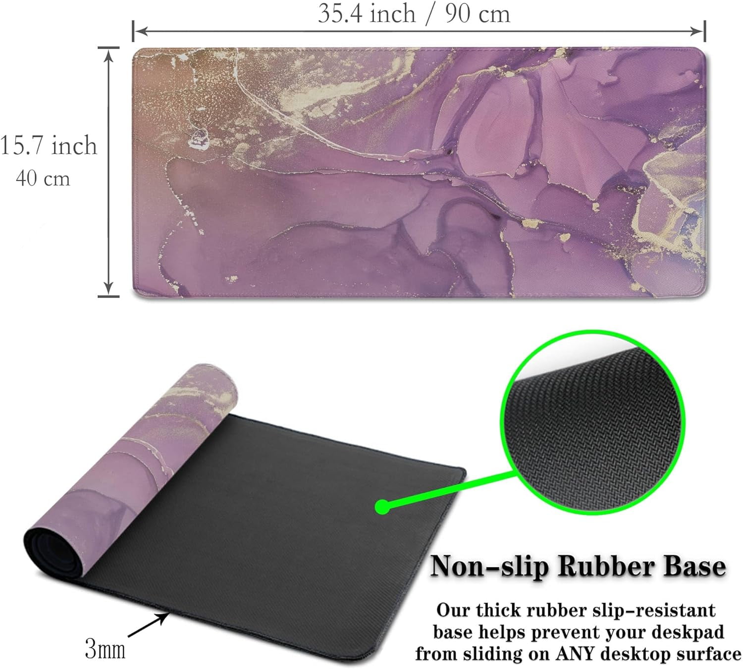 Gaming Mouse Pad Purple Mat, XXL Mousepad Gaming Mouse Pad for Women Desktop Mats, Office Pad Non-Slip Rubber Base Waterproof with Stitched Edges, 35.4 X 15.7 inch for Work/Game/Office/Home