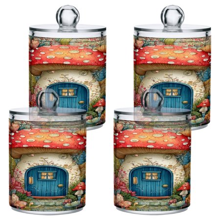 4 PCS Plastic Storage Canister Clear with Lids Airtight Cotton Swabs Cans Bathroom Jar Floss Organizer Cute Mushroom House