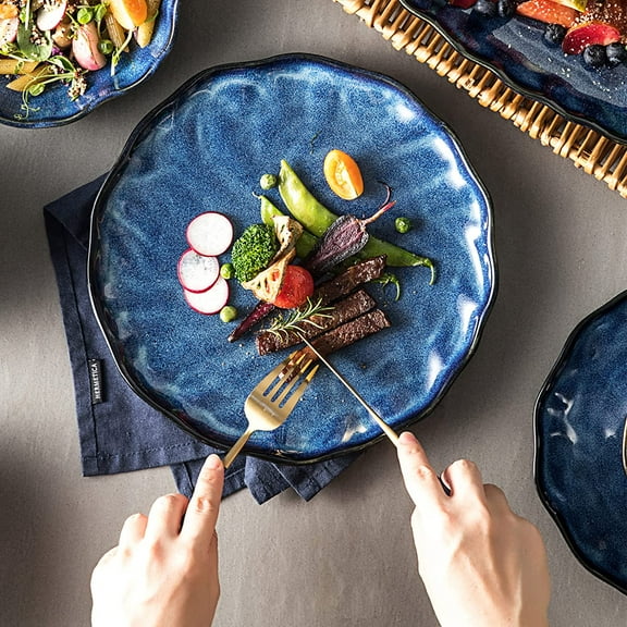 Ceramic Dinner Plates 10.4 Inch - Large Salad Serving Dish Set of 4, Scratch Resistant - Ruffled Stoneware Dinnerware Set Microwave & Oven, Dishwasher Safe, Reactive Blue