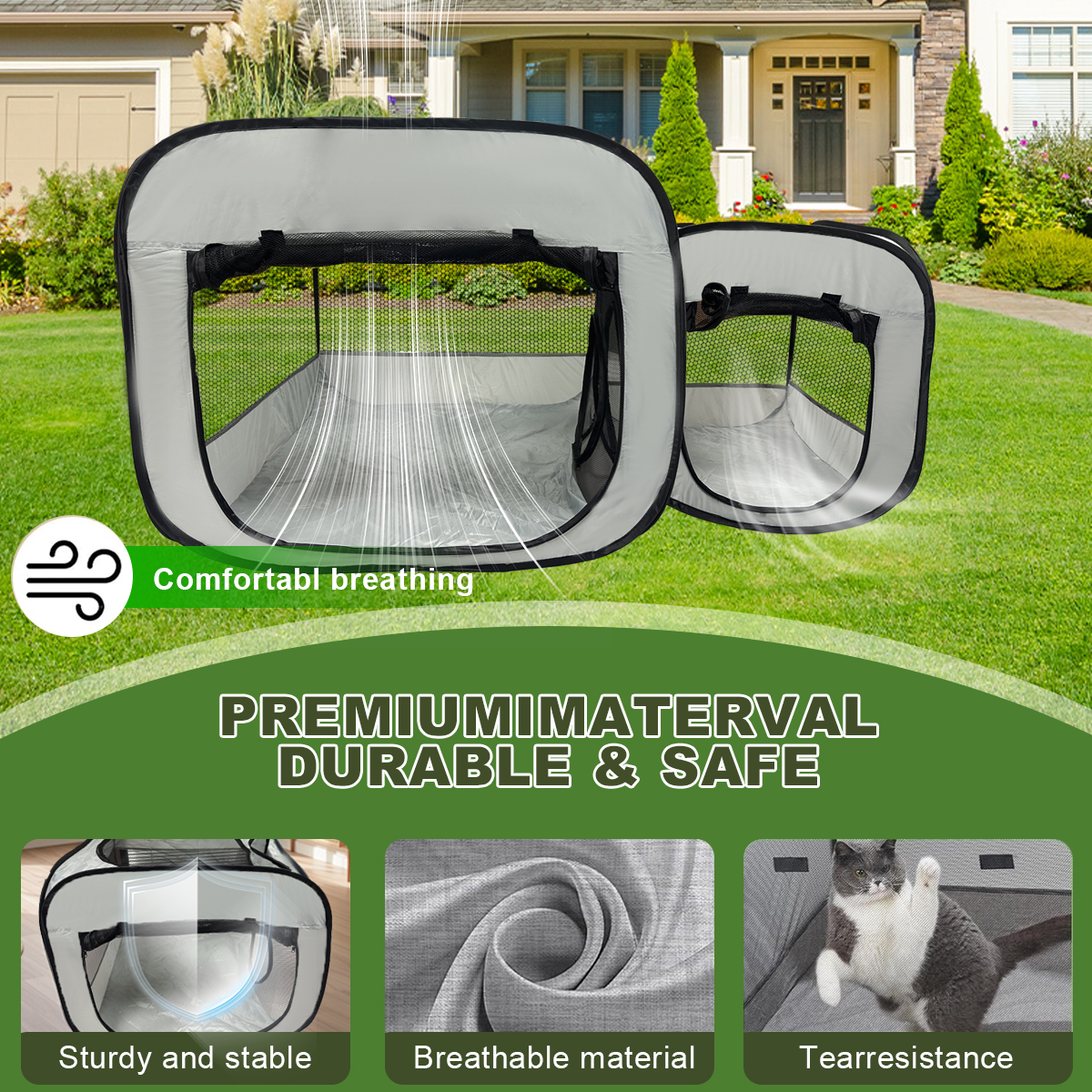 Portable Cat Playpen, Enclosure, Postoperative Recovery, House Design for Better Standing, Foldable Pet Tent for Indoor and Outdoor Use, Cat Houses & Condos Gray