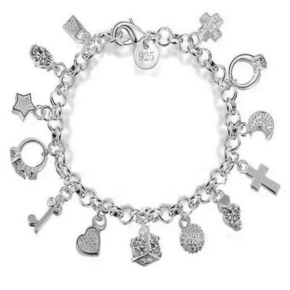 925 Sterling Silver Fashion 13pcs Pendant Chain Charm Bracelet for Women for Teen Girls Lady Gift Women Fine Jewellery