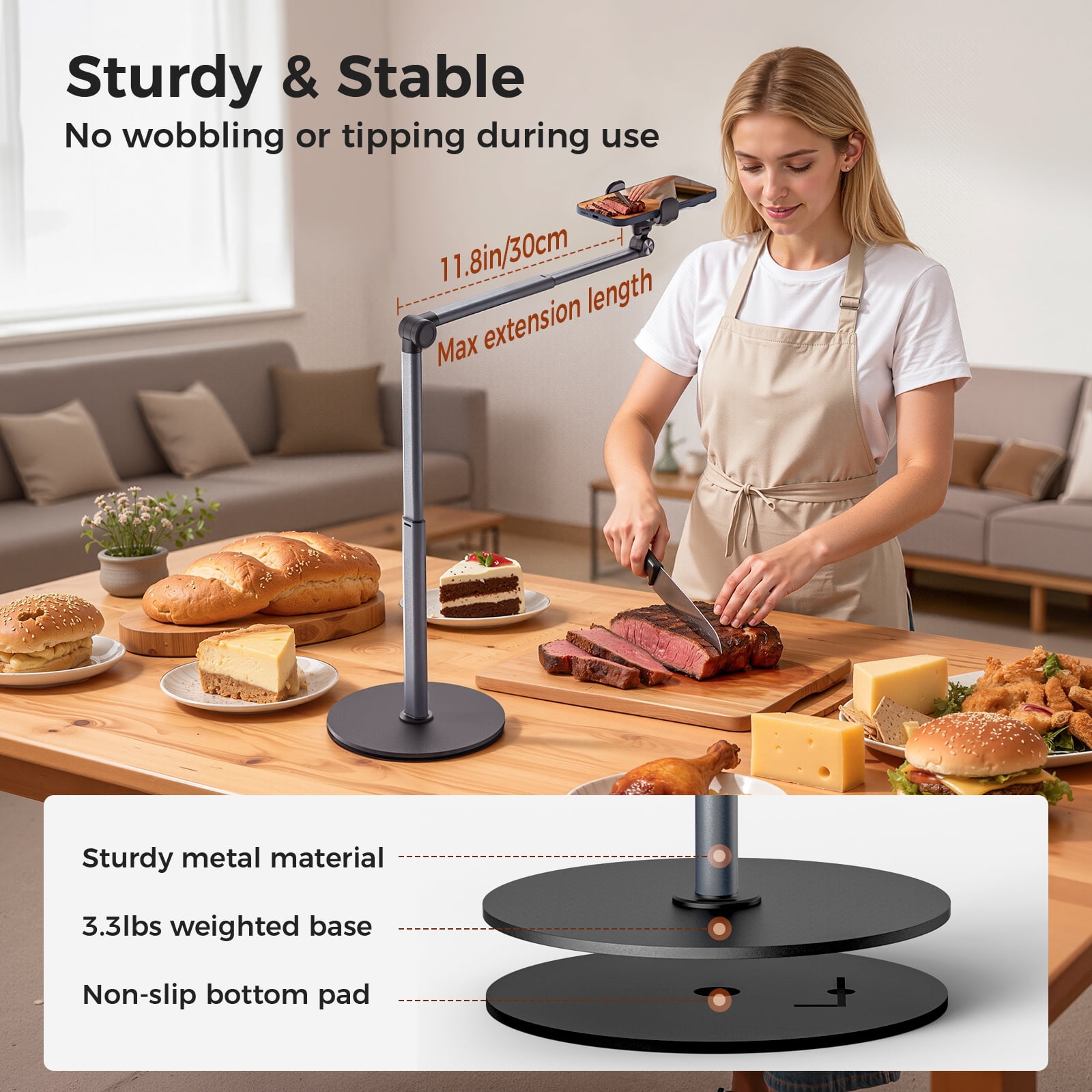 MoKo Overhead Phone Mount, 11.8 in Desk Cell Phone Tripods Stands, Angle & Height Adjustable, Telescopic Arm for Live Streaming, Meeting, Cooking, Nail Video Recording